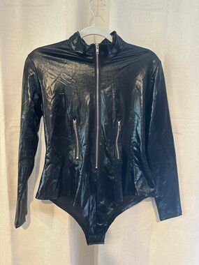 Black Faux Leather Long-Sleeve Zip Front Bodysuit Jacket